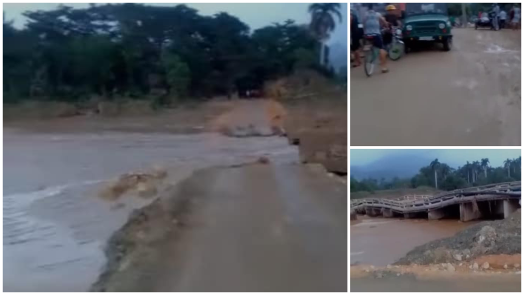 Personas observan puente dañado por inundación