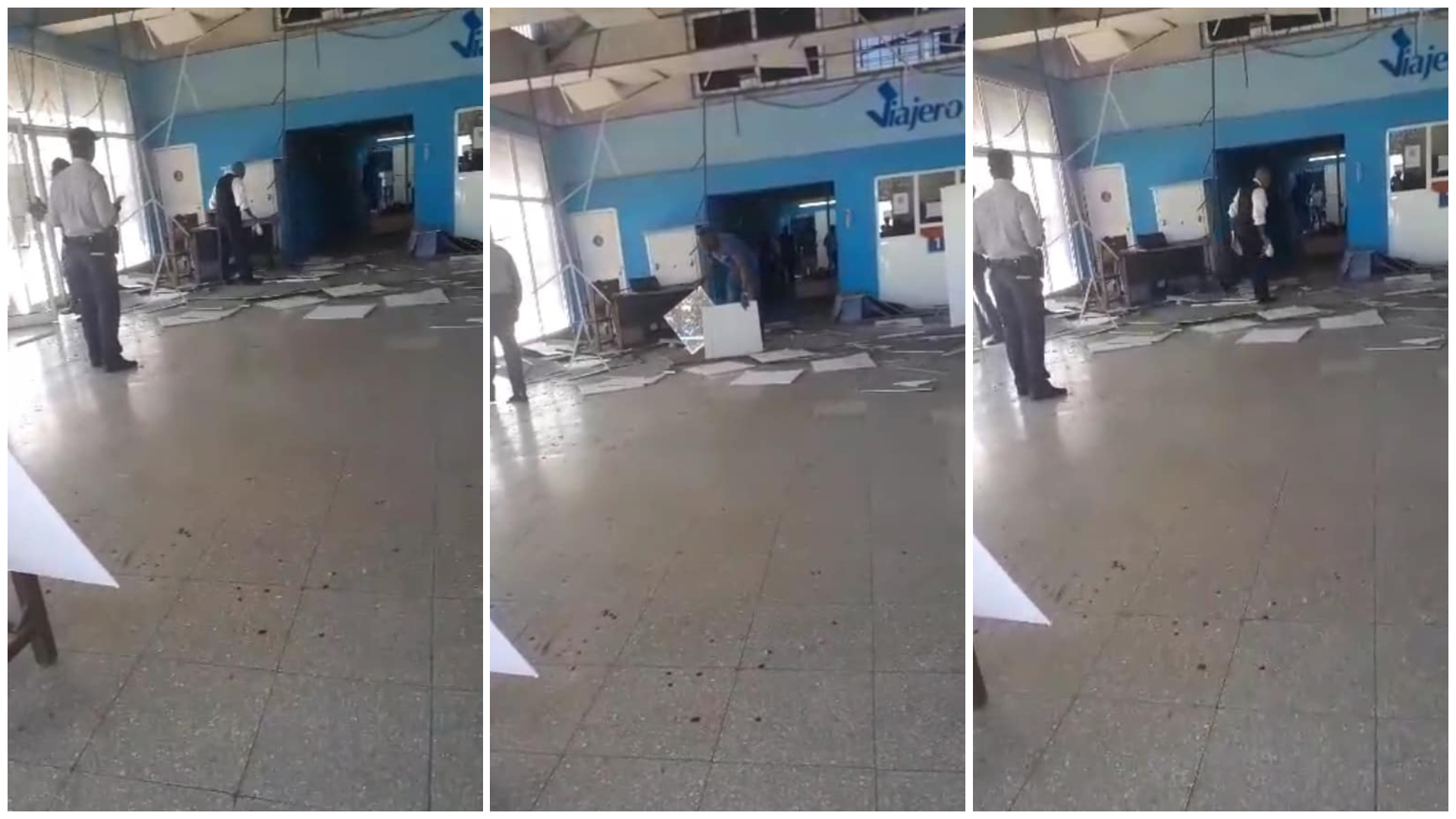 Sala dañada con personas observando desorden