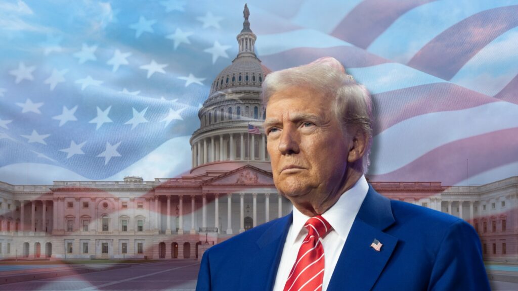 Hombre serio frente al Capitolio con bandera USA