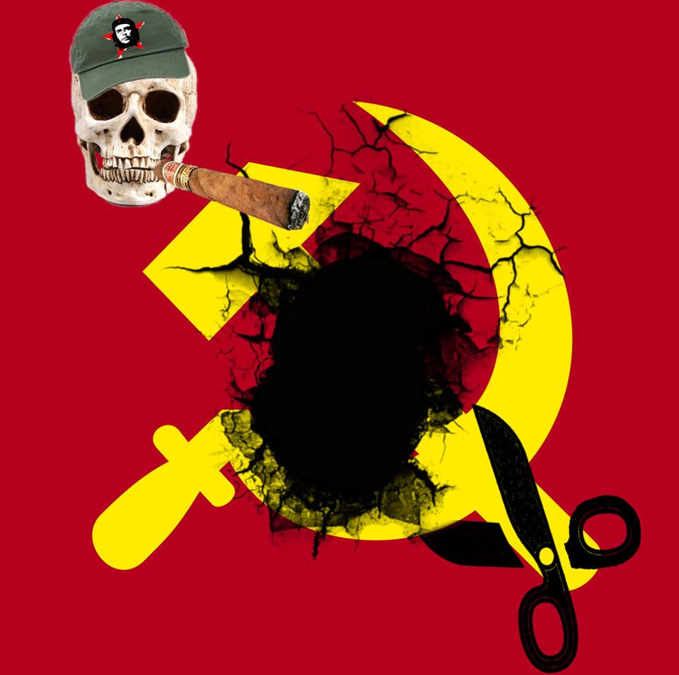Calavera con gorra, puro y símbolos rotos amarillos