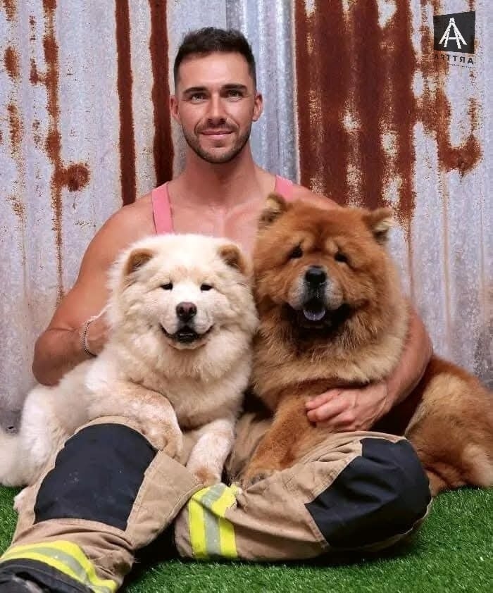 Bombero con dos perros Chow Chow sonrientes