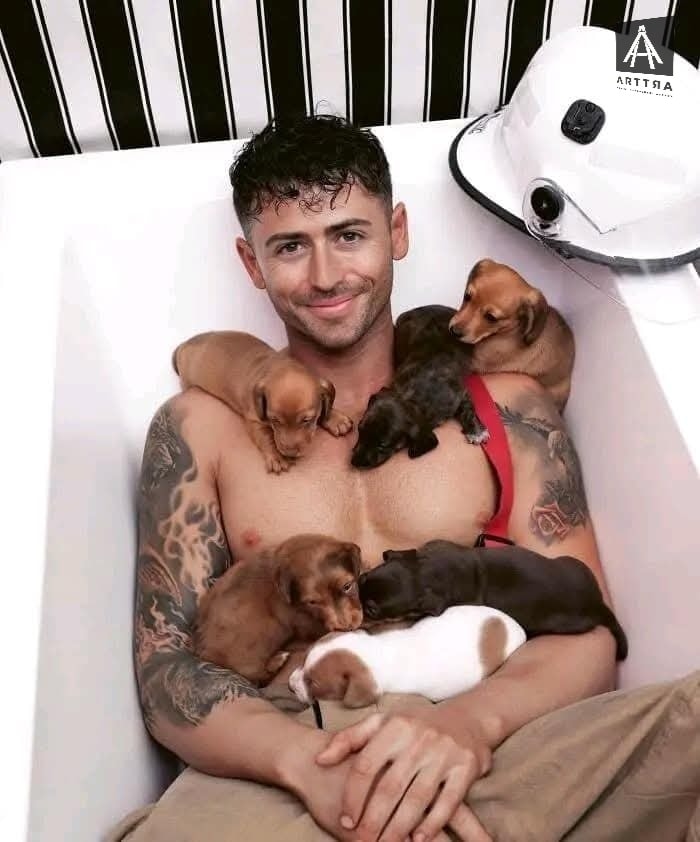 Hombre sonriente con cachorros en bañera