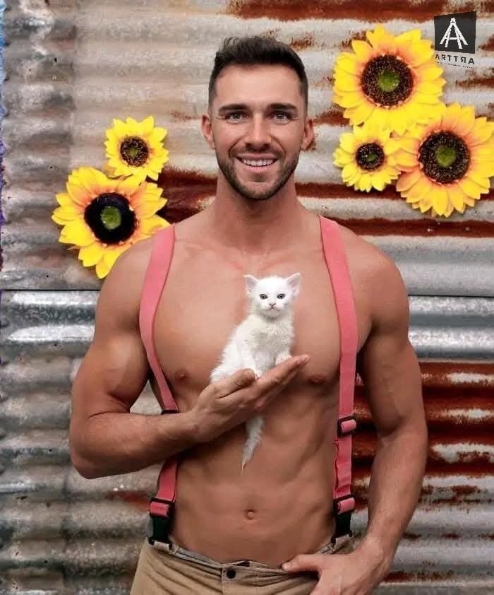Hombre sonriente con gatito blanco y girasoles