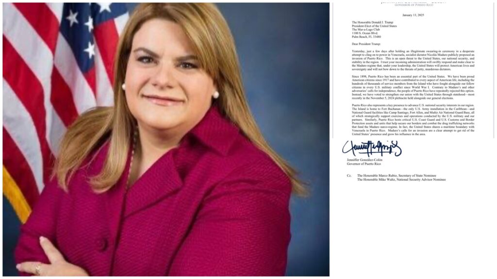Mujer sonriente frente a bandera estadounidense