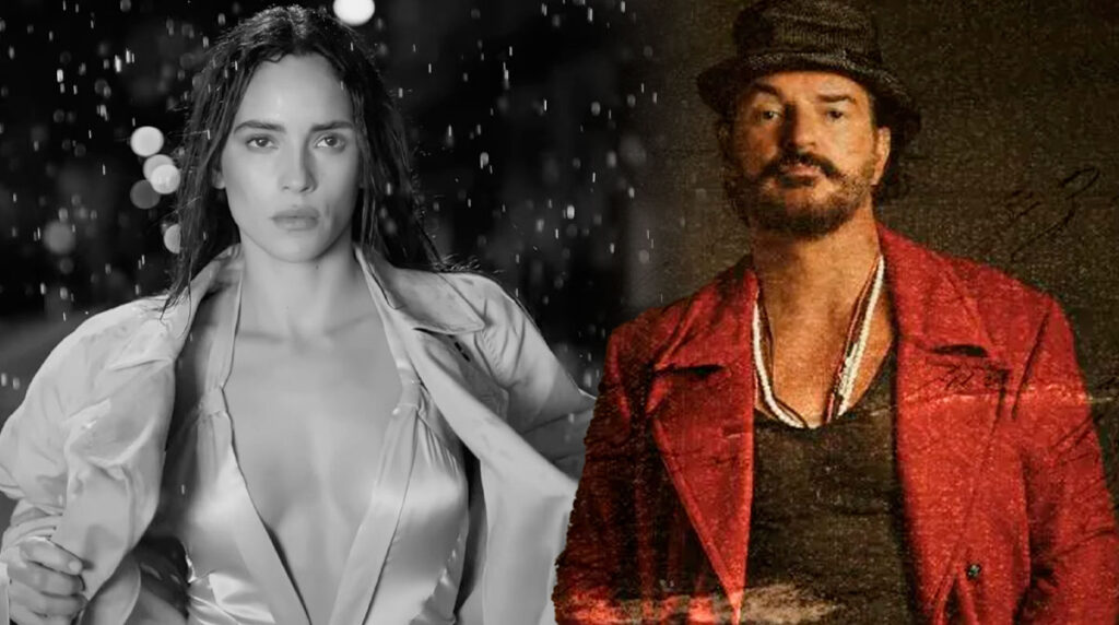 Mujer bajo lluvia y hombre con sombrero rojo