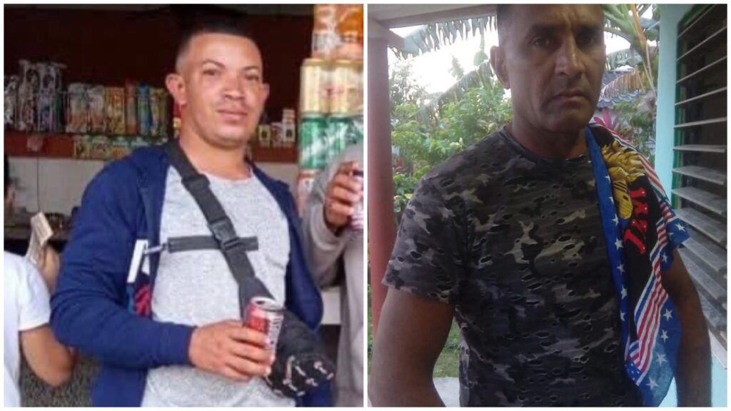 Hombre con lata en tienda, otro con camiseta camuflaje