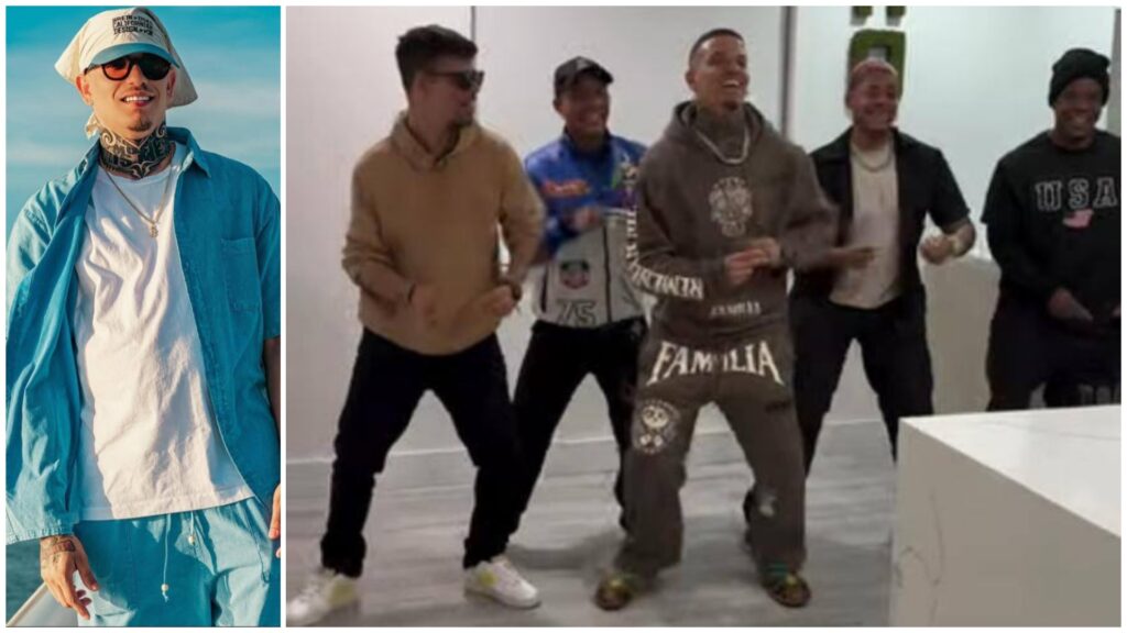 Hombre sonriente y grupo bailando alegremente