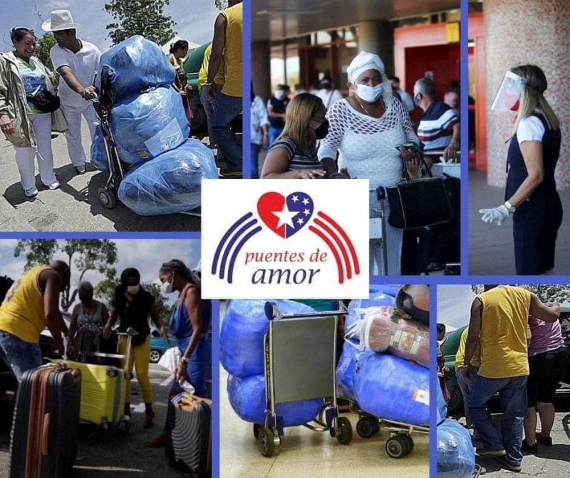 Personas transportando equipaje y suministros, logo Puentes de Amor