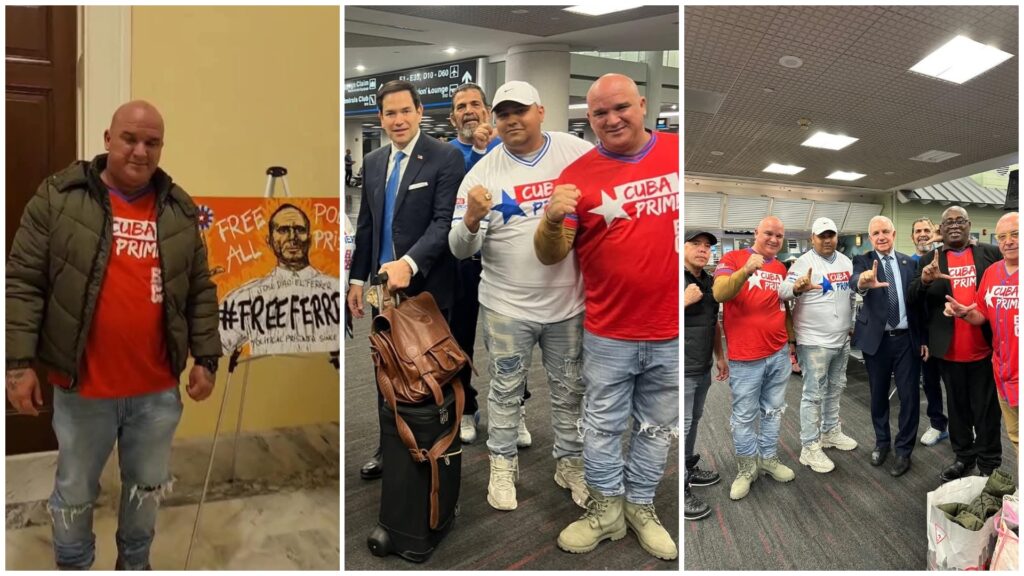 Hombres con carteles protesta, aeropuerto