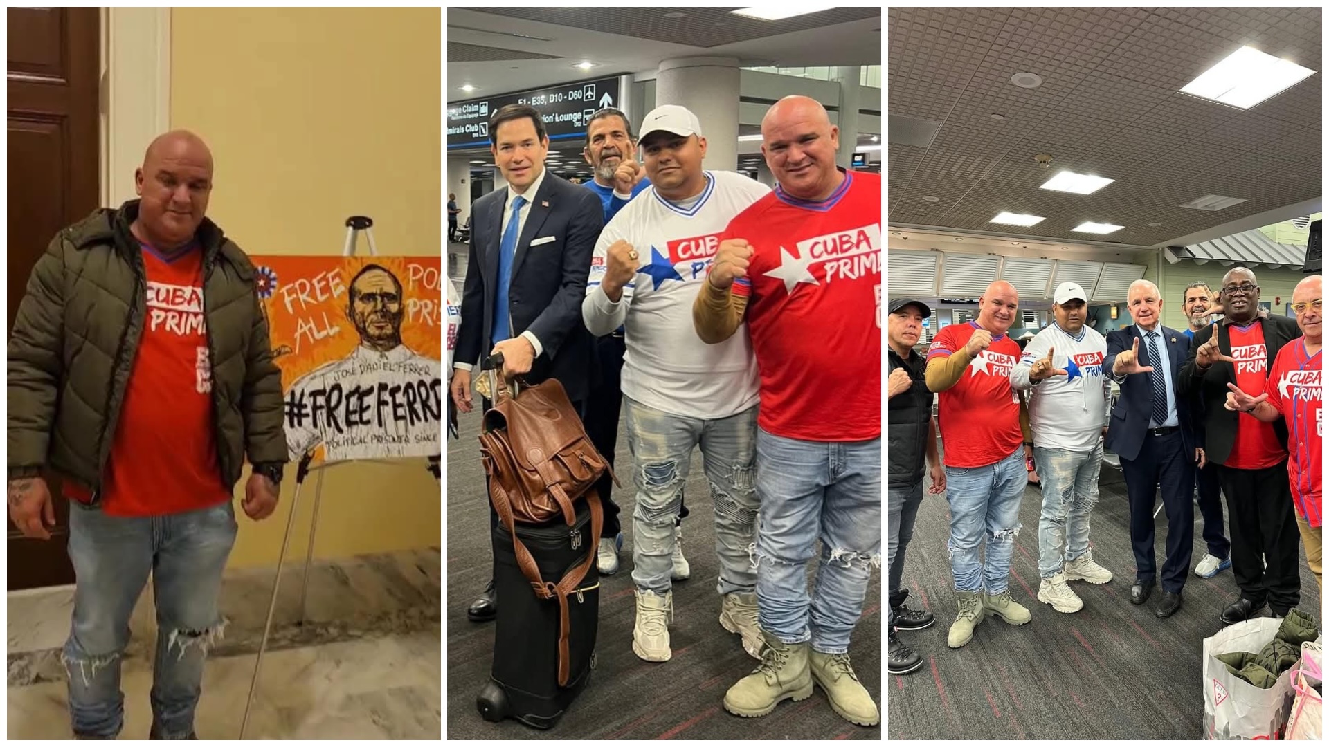 Hombres con carteles protesta, aeropuerto