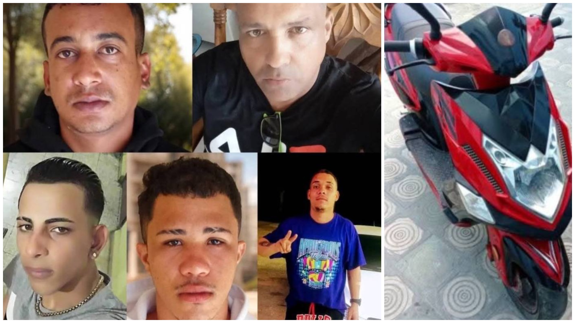 Montaje de cinco hombres y una motocicleta roja