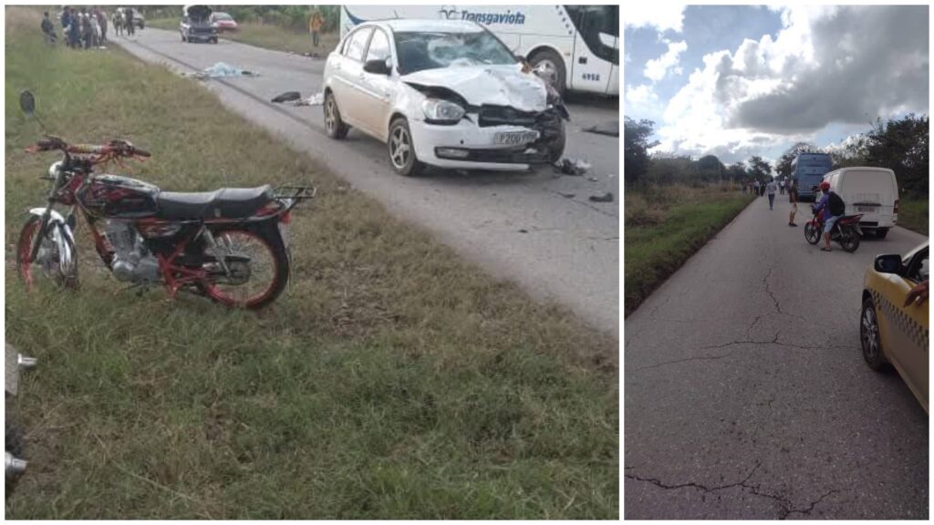 Accidente de tráfico con coche y moto dañados
