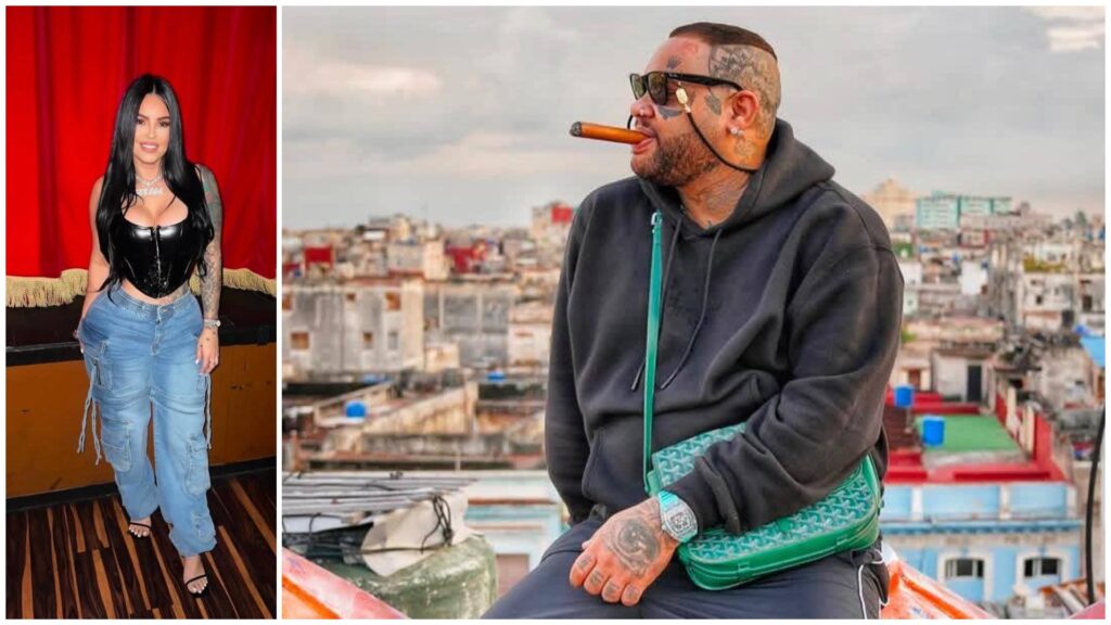 Mujer elegante y hombre con puro en ciudad