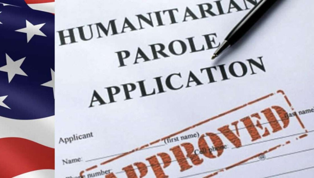 Solicitud de parole humanitario aprobada con bandera EE.UU.