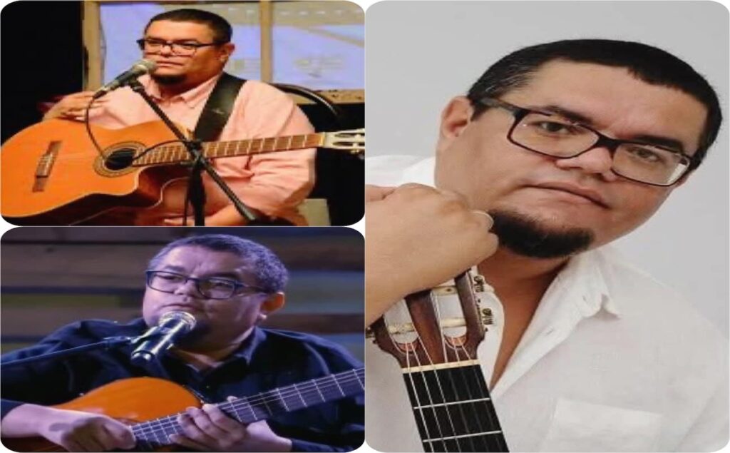 Hombre tocando guitarra y posando seriamente