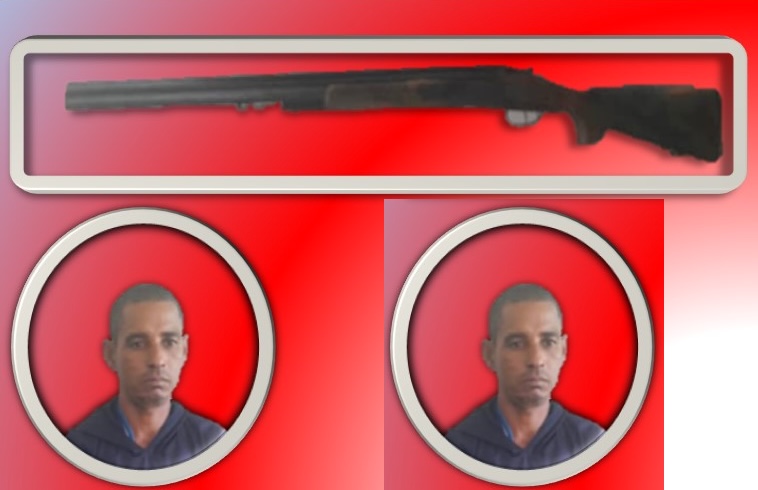 Hombre y escopeta sobre fondo rojo