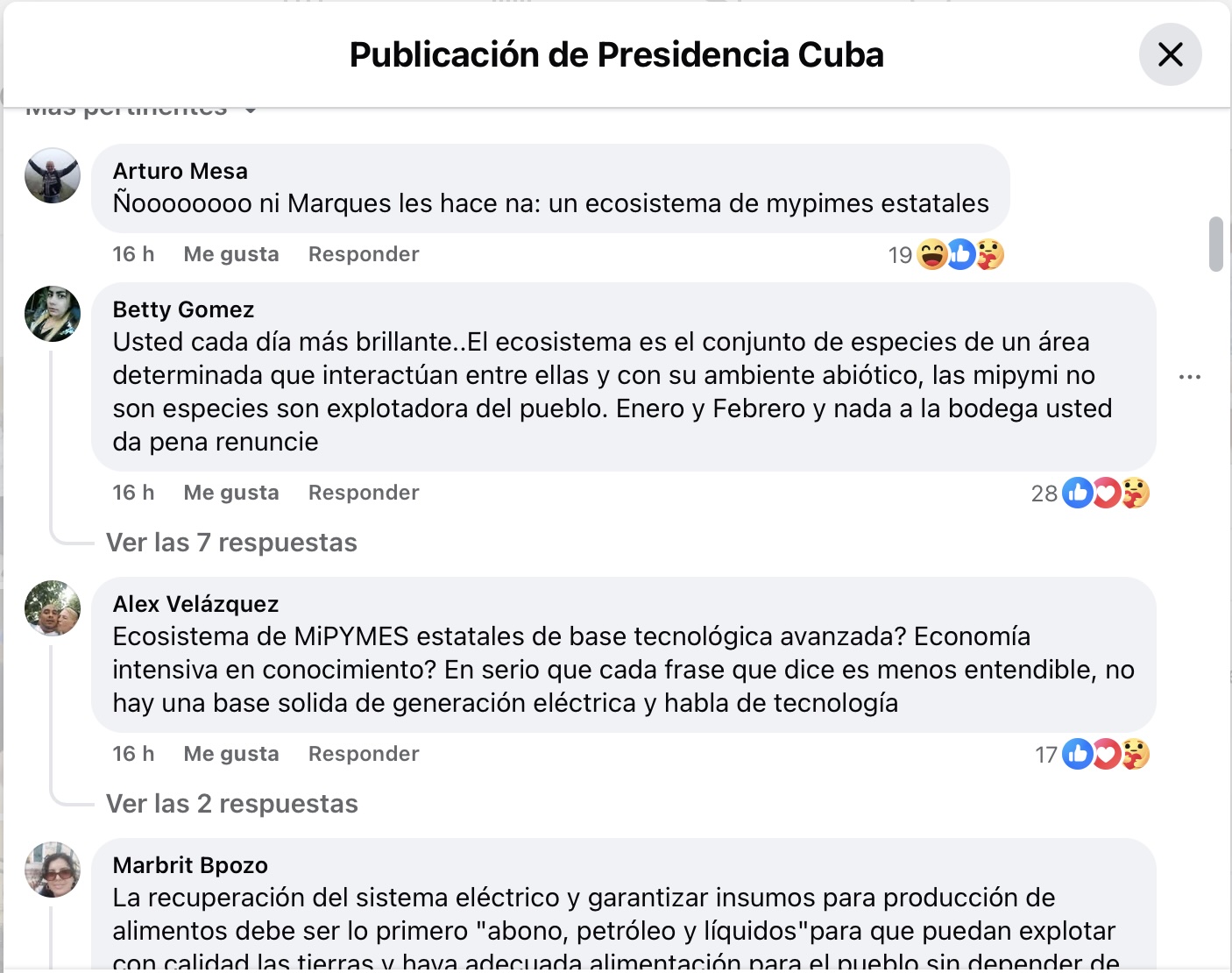 Captura de comentarios en publicación cubana