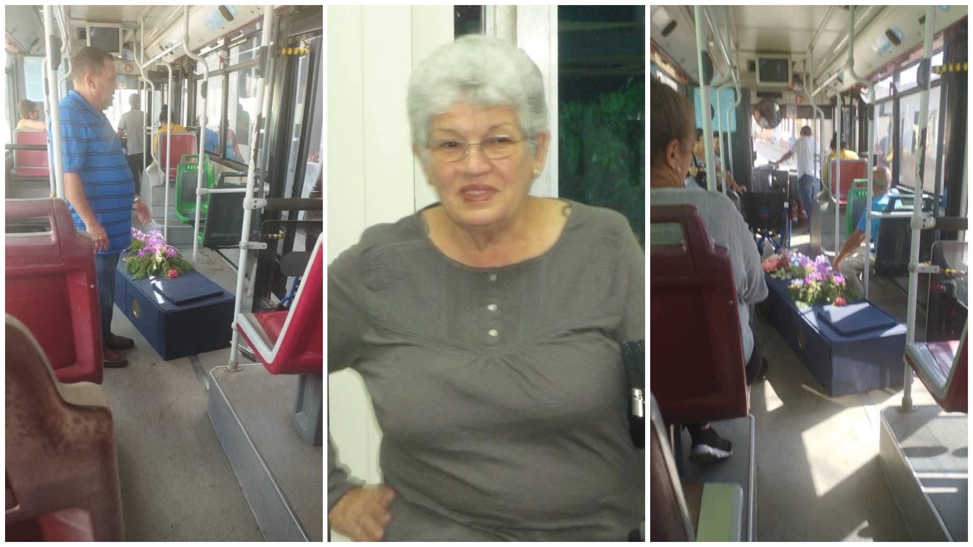 Hombre junto a ataúd floral en autobús urbano