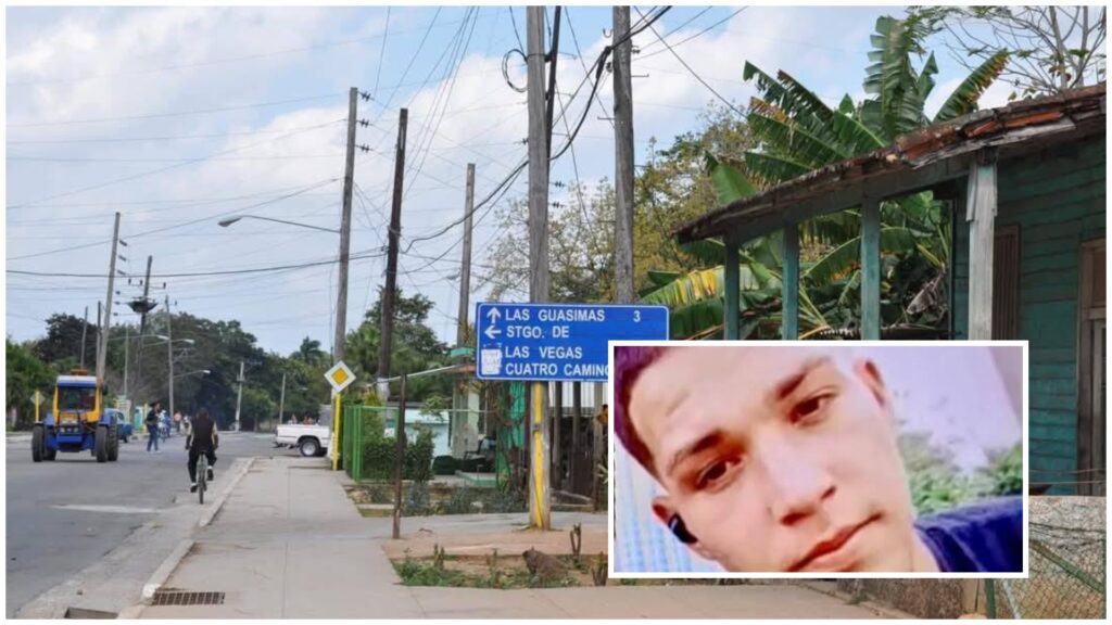 Calle cubana con señales, personas y vegetación