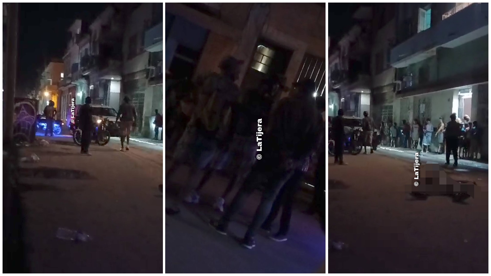 Personas reunidas en calle nocturna iluminada