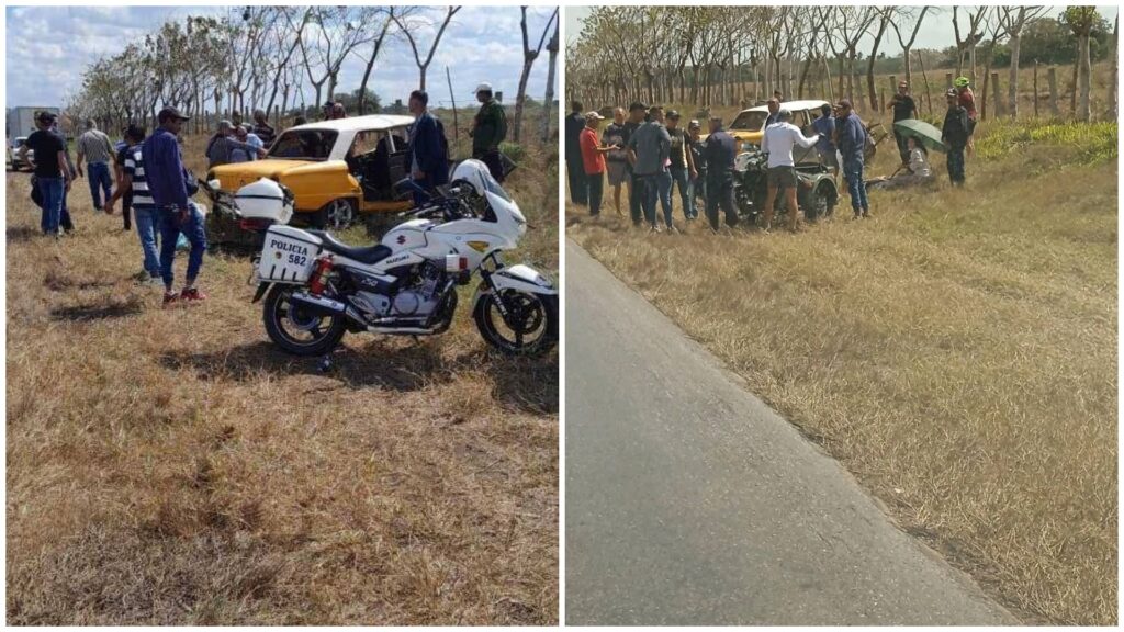 Grupo de personas alrededor de coche amarillo y policía