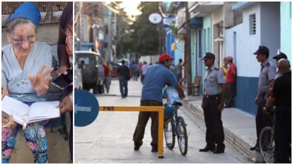 Mujer mayor con libro y policía en calle cubana
