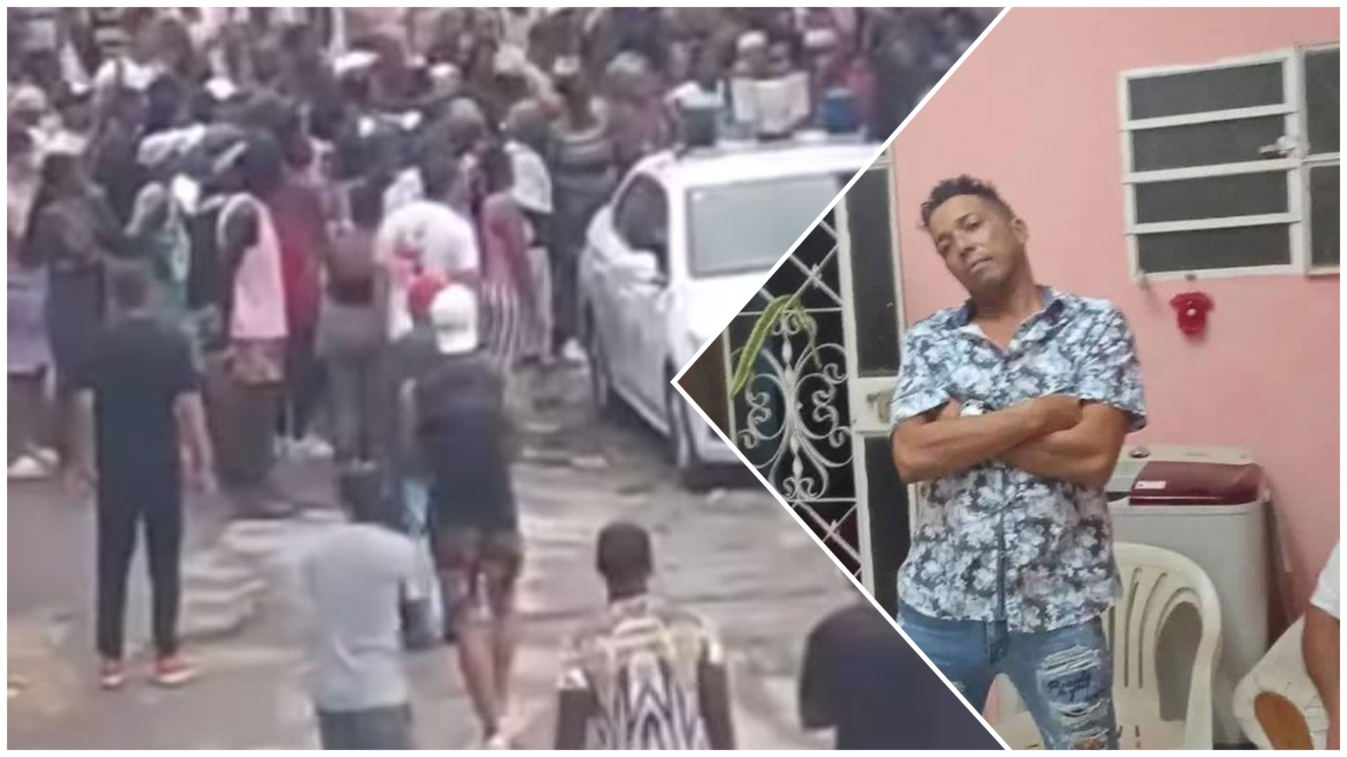 Hombre apoyado en pared, multitud al fondo