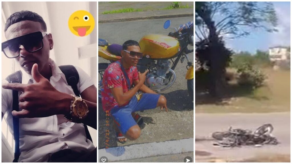 Collage de tres hombres posando y una moto accidentada