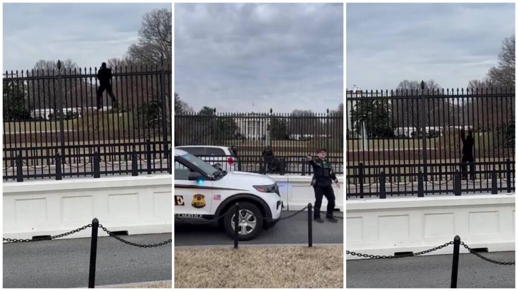 Persona trepando valla, policía interviniendo