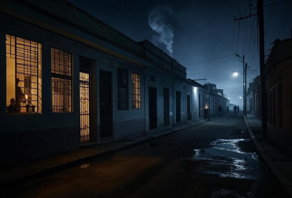 Calle iluminada de noche con personas y casas