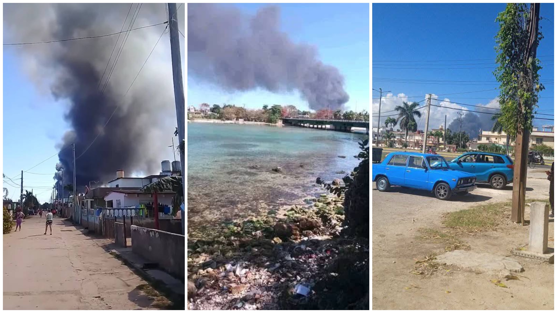 Collage de incendio, puente y autos urbanos