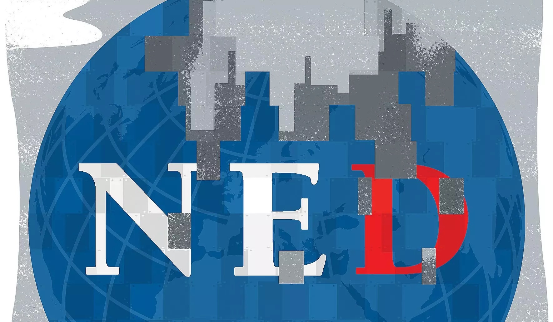 Logotipo NED pixelado sobre un globo azul