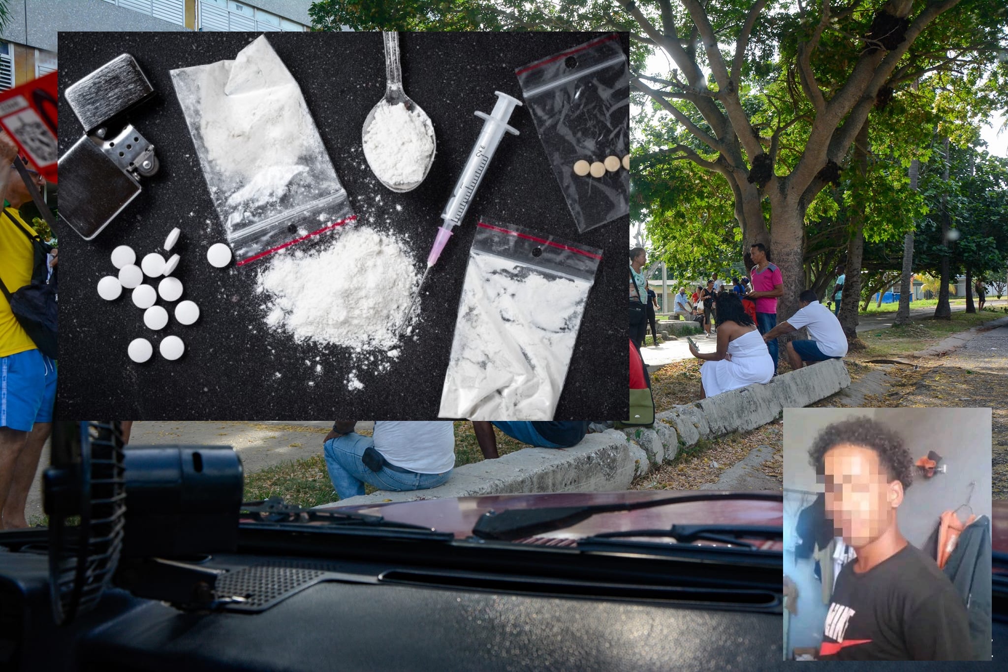 Drogas, jeringas y personas hablando en un parque.