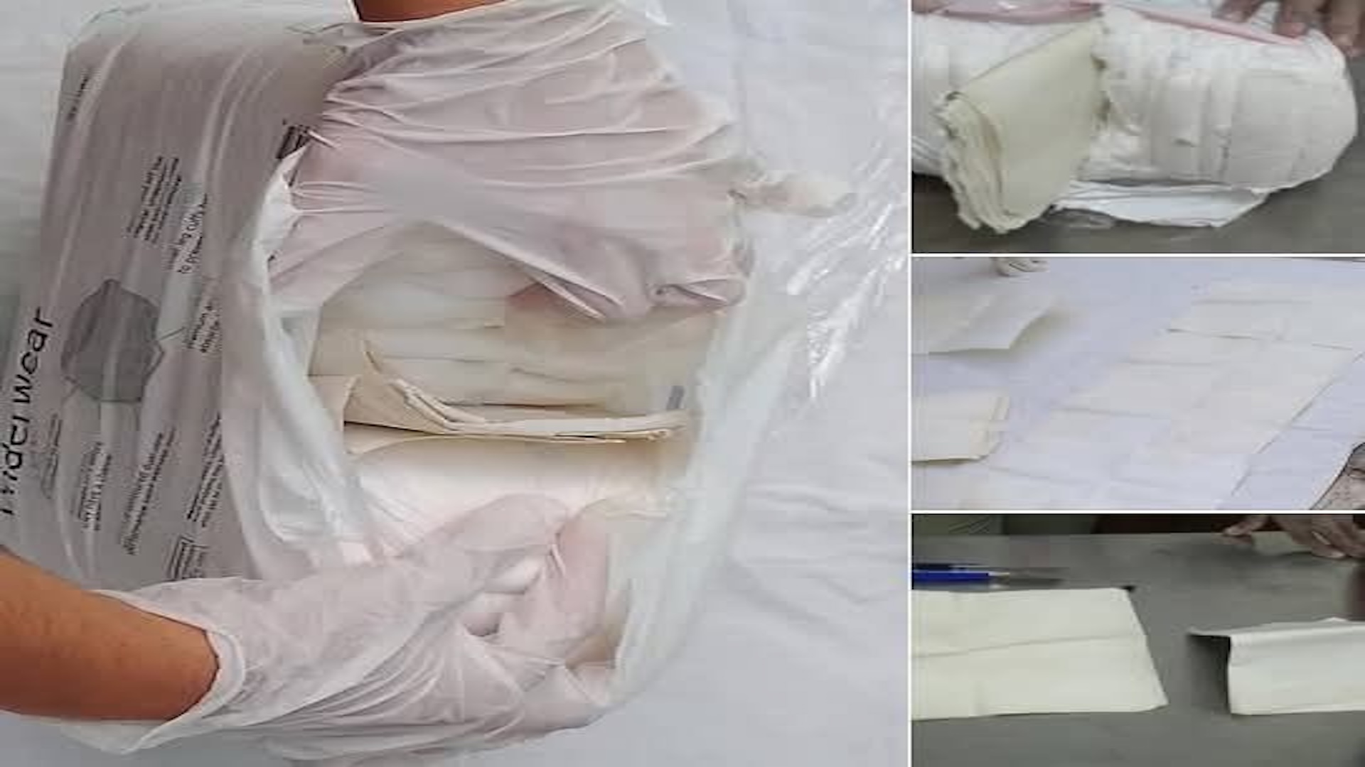 Proceso de preparación de paquetes con telas blancas.