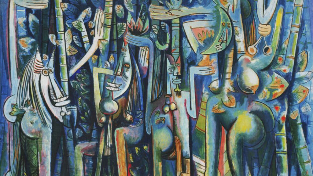 Pintura abstracta con figuras y naturaleza colorida.