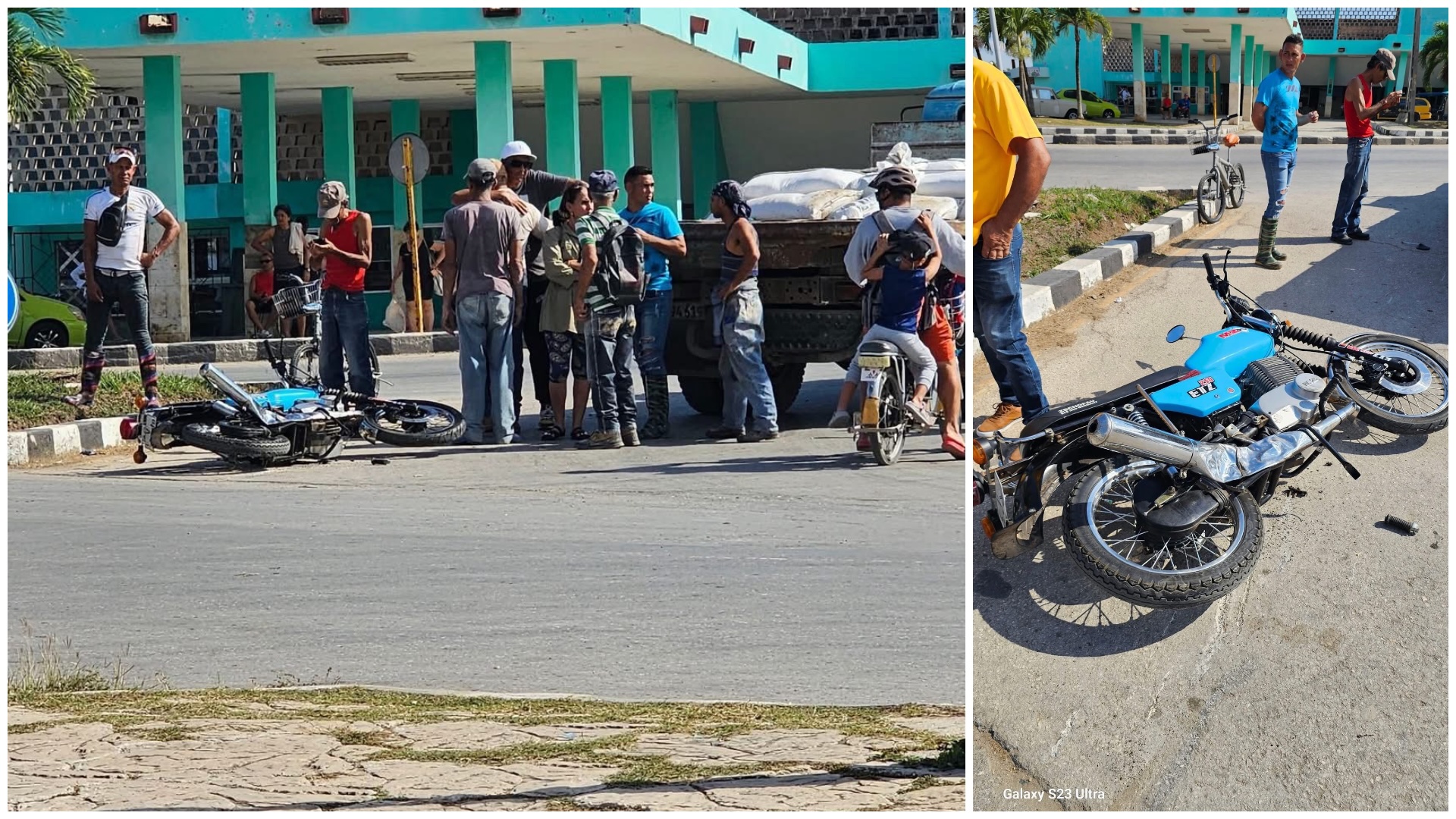 Personas reunidas junto a motocicleta caída en carretera.