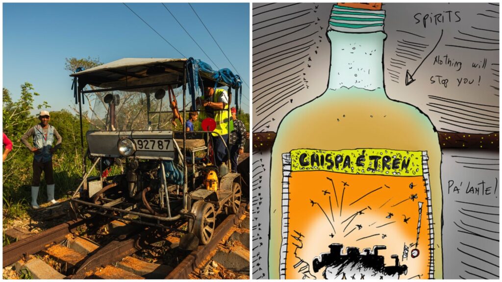 Tren pequeño en vías, botella caricatura chispa é tren.