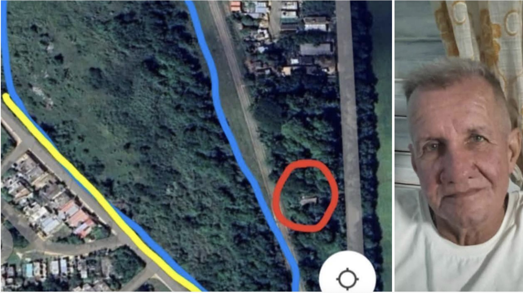 Mapa satelital y foto de un hombre mayor.