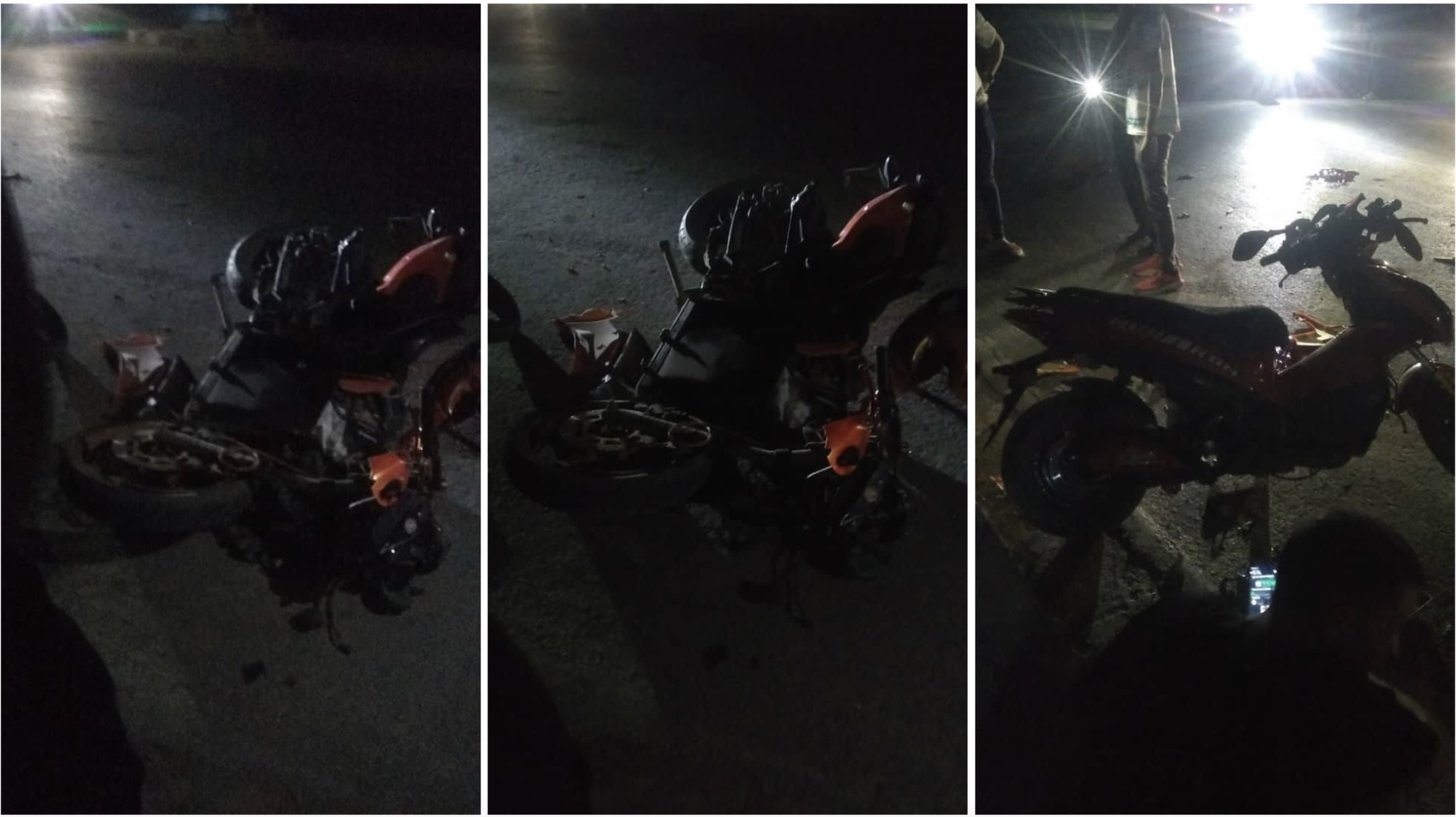 Accidente de moto en carretera oscura.