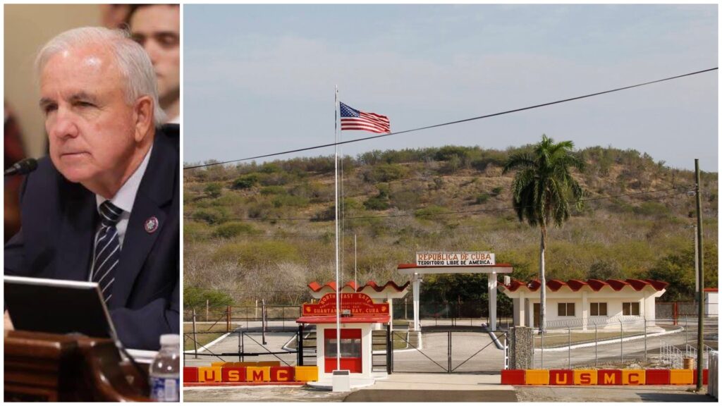 Hombre en reunión y entrada base militar en Cuba.