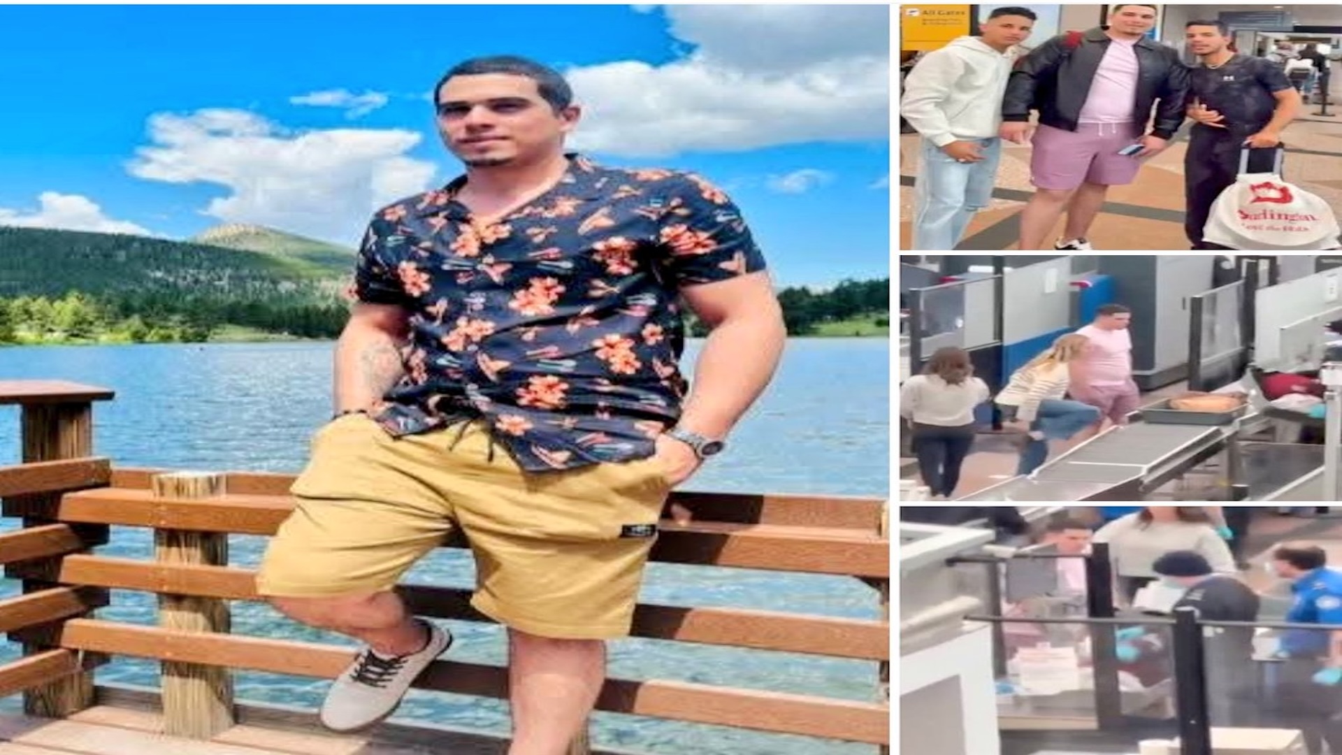 Hombre posando en lago y aeropuerto con amigos.