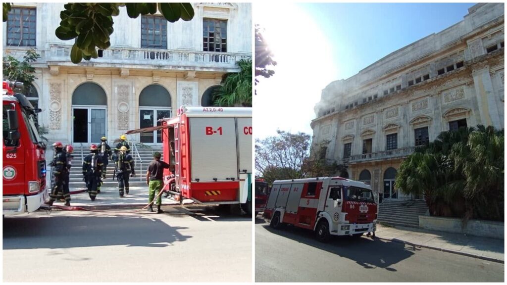Bomberos respondiendo a incendio en edificio histórico.