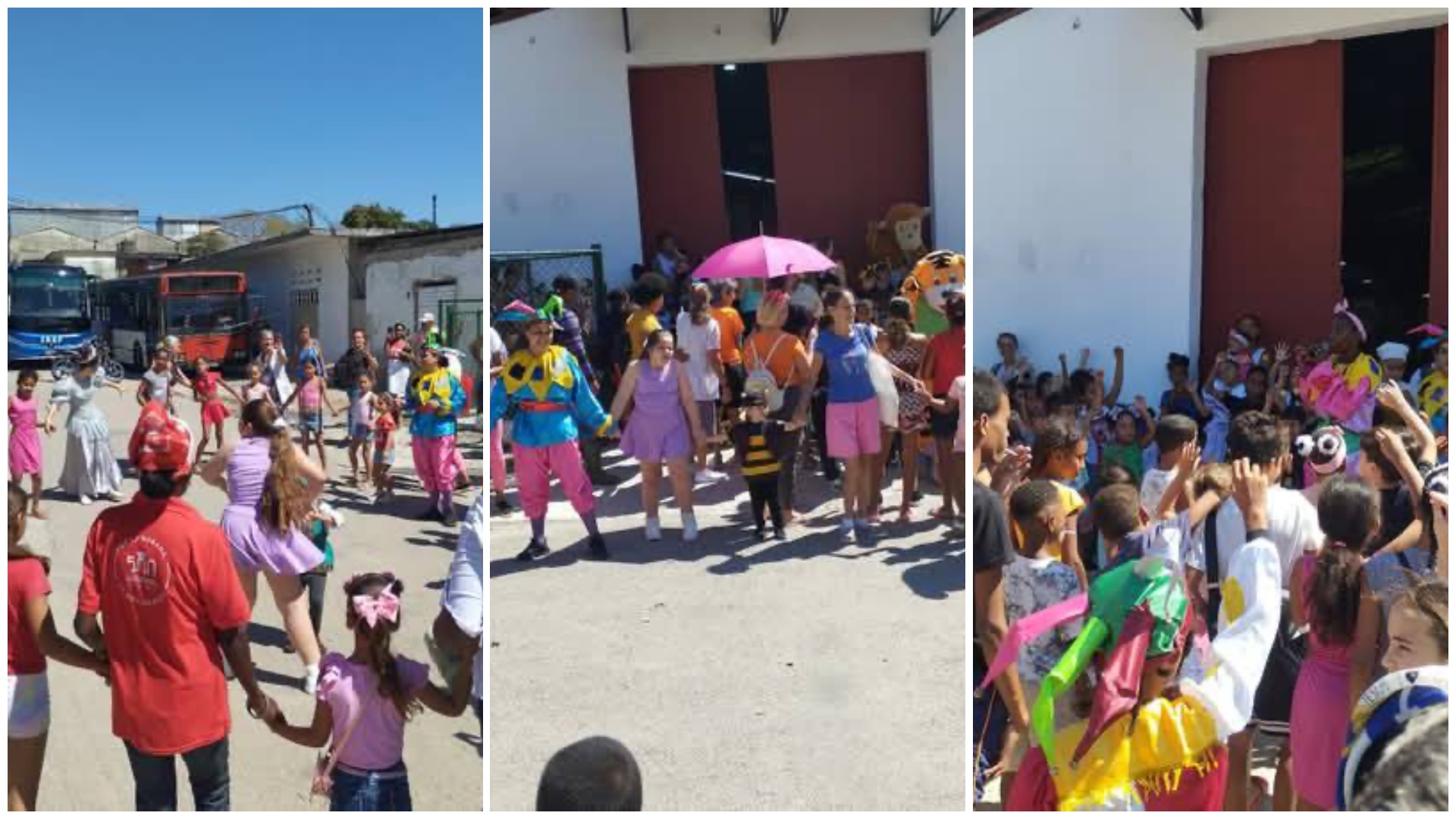 Celebración infantil con disfraces y juegos al aire libre.