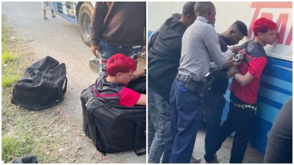 Persona escondida en bolsa junto a autobús.