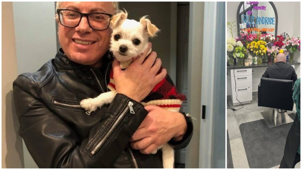 Hombre con perro y salón con flores conmemorativas.