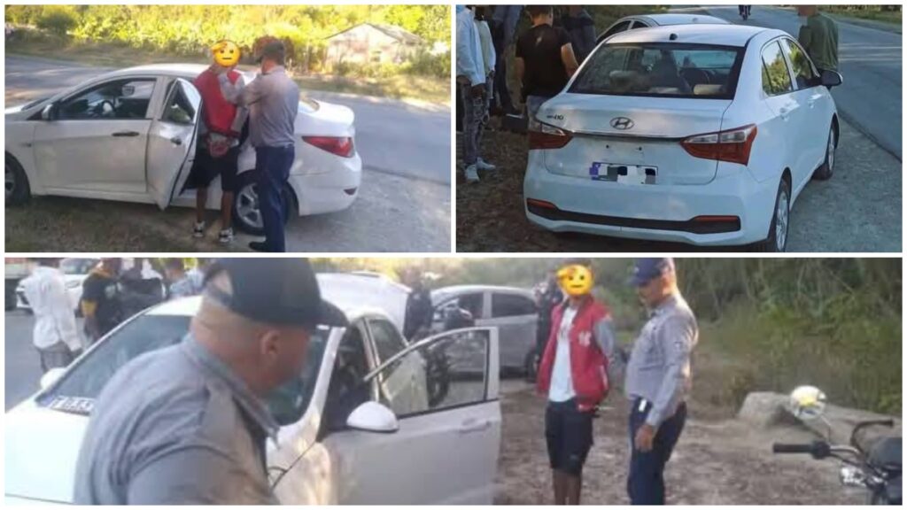 Detención policial en carretera, coche blanco involucrado.
