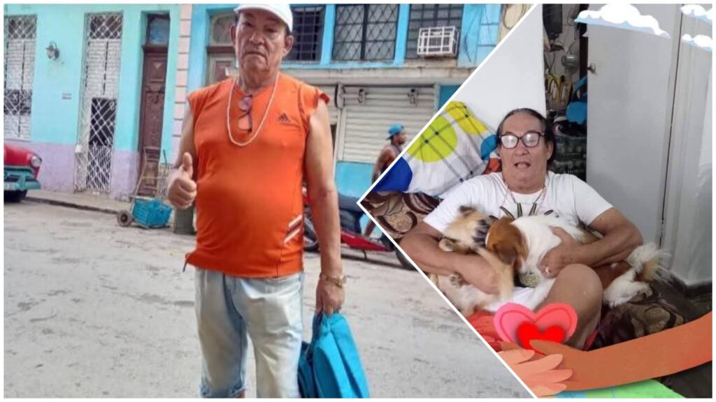 Hombre con perro en la calle y sofá