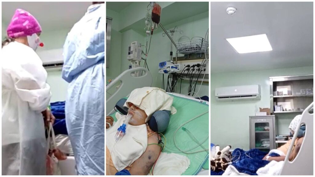 Paciente en cama hospitalaria con equipo médico.