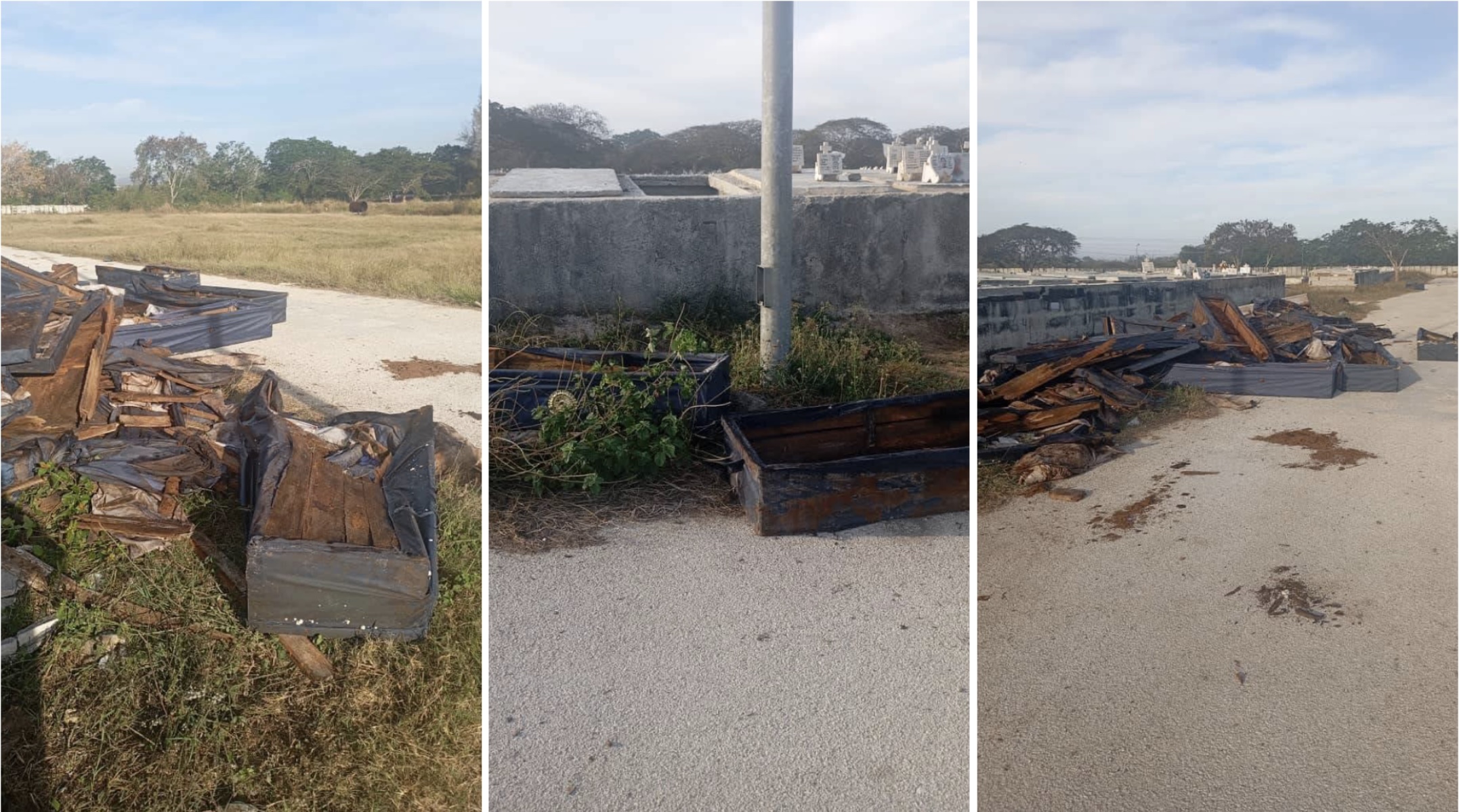 Cementerio con ataúdes deteriorados y escombros visibles.