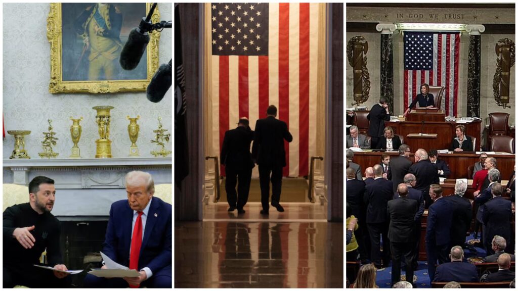 Collage político con banderas y reuniones